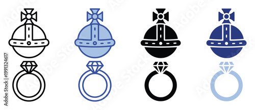 Versatile set of stylized royal orb with cross and diamond engagement ring symbols suitable for luxury branding, celebration, and fashion design
