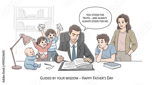 A Father's Wisdom and Love: A heartwarming illustration depicts a father surrounded by his family. This image celebrates the strength of a father's guidance, the joy of family.