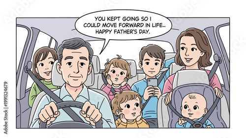 Family's Father's Day Car Ride: A loving family embarks on a heartwarming car ride, celebrating Father's Day with smiles, love, and togetherness, symbolizing the bond between generations.