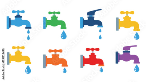 Colorful cartoon faucets with water flowing from their spouts