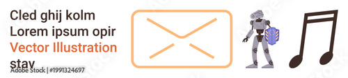 Communication, technology, music, email services, cybersecurity, future concepts. A mail icon, robot holding a shield and musical note. Communication and technology concepts in graphic elements