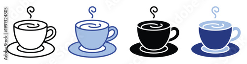 Stylized hot coffee or tea cups in various outline and solid color designs perfect for digital interfaces and cafe branding
