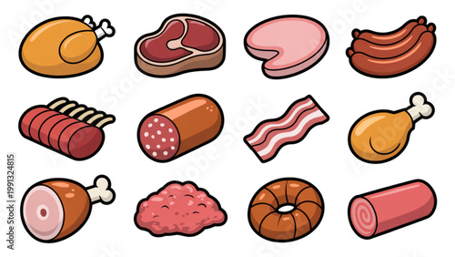 Assorted colorful cartoon-style doughnuts with various toppings and shapes
