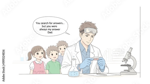 Discovering Curiosity: A scientist and inquisitive children explore the wonders of the laboratory. The image showcases the scientific method and a sense of wonder.