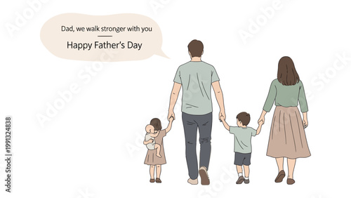 A Happy Family's Walk: A heartwarming illustration depicts a family's bond and Father's Day, as they embark on a shared journey together. The father leads the way, holding hands with his children.