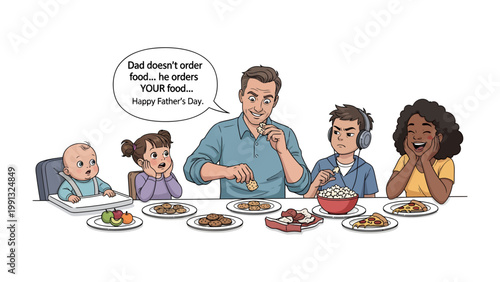 Family Meal: A warm Father's Day scene unfolds as a father serves a meal to his children, promoting togetherness and celebrating paternal love. 
