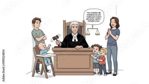 Father's Day Court: A heartwarming scene unfolds as a judge in a courtroom extends warm wishes for Father's Day, surrounded by a supportive family expressing their affection and gratitude.