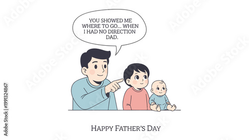Father's Day Dedication: A tender illustration celebrating Father's Day, showcasing a father guiding his children with the message of direction and love.