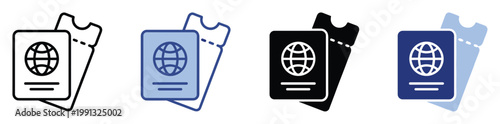 Travel documents icon set featuring passport and airplane ticket for online booking and global tourism applications