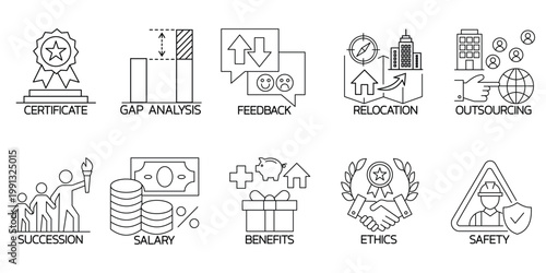 Employee benefits and business ethics icons set with salary safety and gap analysis.Editable stroke, Vector illustration, Line art Icon, Symbols.
