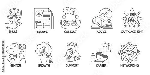 Career mentoring and networking icons set with skills resume consult and support.Editable stroke, Vector illustration, Line art Icon, Symbols.