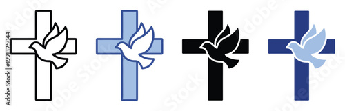 Christian cross and flying dove symbol representing peace and faith, perfect for spiritual graphics and church.