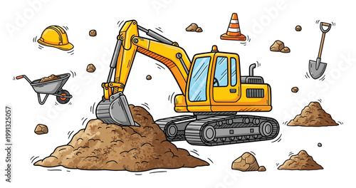 Yellow excavator digging earth with a hard hat, shovel, wheelbarrow, and traffic cone.