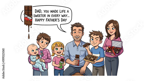 Father's Day Chocolate Sweetness: A heartwarming illustration shows a father, surrounded by his family, enjoying chocolate on Father's Day. The scene radiates love and appreciation.