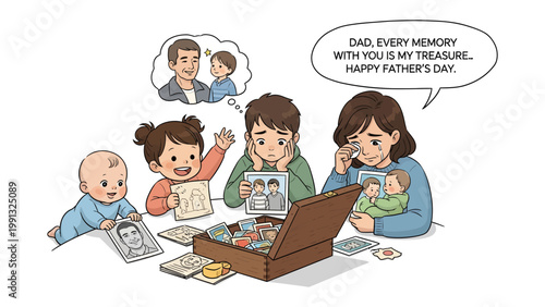 Remembering Father's Day: A tender illustration depicts a family reflecting on cherished memories. The artwork captures a moment of love and reflection.