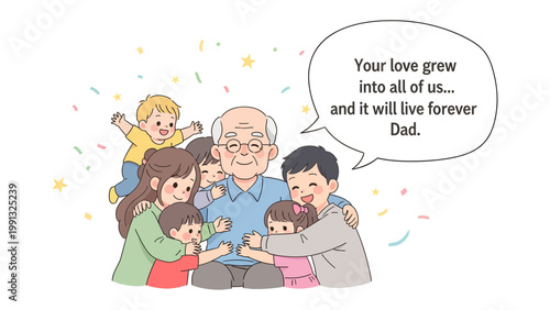 Heartfelt Family Tribute: A tender moment unfolds as a multi-generational family embraces their patriarch, accompanied by a heartfelt message of love and eternal remembrance.