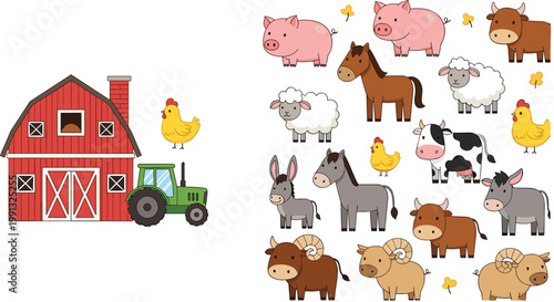 Farm animals cartoon collection with barn tractor cow pig sheep chicken and donkey vector illustration set of cute сельхоз characters