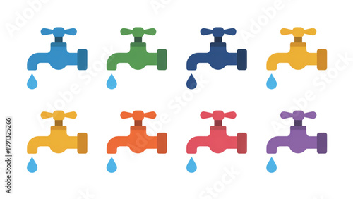 Colorful cartoon faucets with flowing water droplets in a row