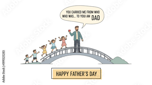 Father's Day Bridge to Connection: This heart warming illustration captures the essence of fatherhood, with a father figure leading a line of children across a bridge.