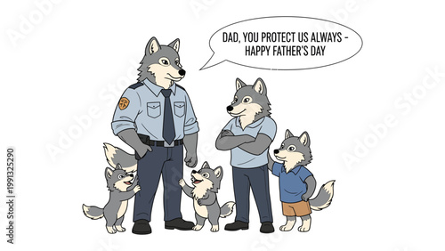 Father's Day Wolf Family: A heartwarming depiction of a wolf family celebrating Father's Day, with the father figure, dressed as a protector, surrounded by his children, exuding love and appreciation.