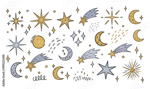 Handdrawn celestial sky objects including stars, moons, and shooting stars perfect for magical graphic design projects