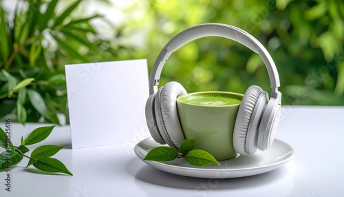 Matcha Latte in Green Mug with Headphones and Blank Card on White Table