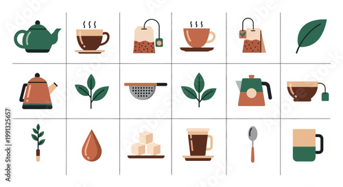 Minimal flat design tea icon set featuring essential tea elements in clean and modern style, perfect for UI, apps, and branding.