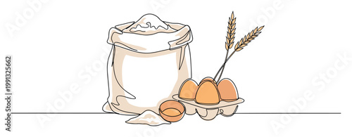 Baking ingredients including flour in a sack with wheat stalks and fresh eggs in a carton for pastry and cooking concepts