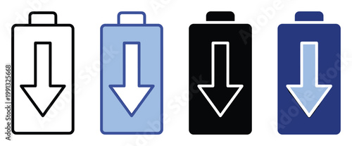 Battery power indicator icon featuring a downward arrow suggesting discharge or download status for user interface applications