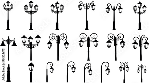 Collection of vintage street lamp silhouettes with ornate lantern posts and classic urban lighting elements vector illustration set
