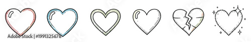Hand drawn heart symbols representing emotions like love and heartbreak for use in social media and graphic designs