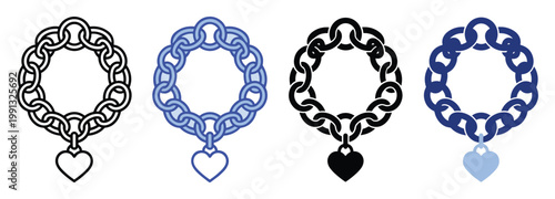Decorative chain link bracelet with heart pendant in different graphic styles for fashion or accessory applications