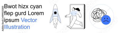 Space exploration, mental health awareness, innovation, personal growth, starting new journeys, futuristic ideas. Rocket, person walking sad face icon. Space exploration and innovation concept