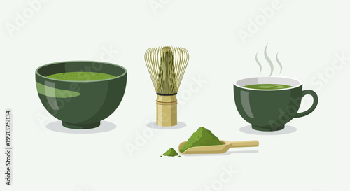 Modern matcha tea vector illustration with Japanese aesthetic, ideal for health and lifestyle design.