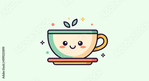 Adorable tea cup character illustration in kawaii flat design style, perfect for kids and merchandise.