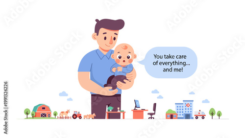 Caring Father and Baby: A tender depiction of a father cradling a baby, illustrating the love, care, and responsibility a parent holds, framed within a charming, whimsical illustration