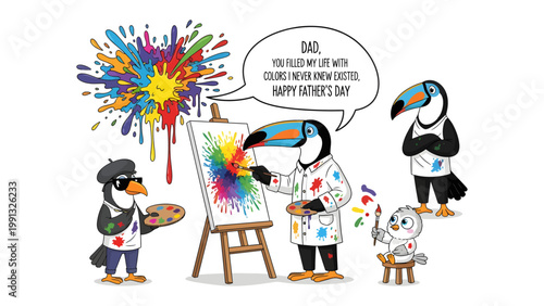Father's Day Art Creation: A charming illustration depicts a toucan family immersed in an art project, celebrating Father's Day with a colorful painting on an easel, expressing love and appreciation.