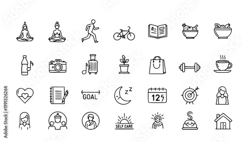 Lifestyle line icon set with wellness hobbies daily living and personal growth vector collection
