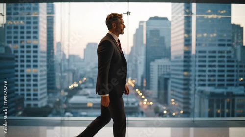 Successful mature businessman walking in modern office with city view