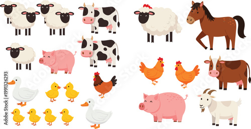 Farm animals cartoon collection with cow pig sheep horse chicken duck and goat vector illustration set of cute rural livestock