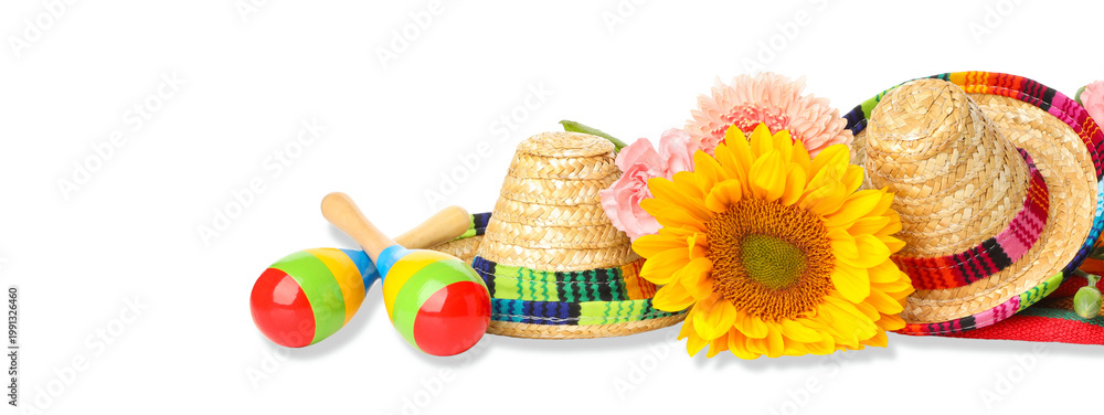 Fototapeta premium Hats, flowers, and maracas on display, isolated, PNG