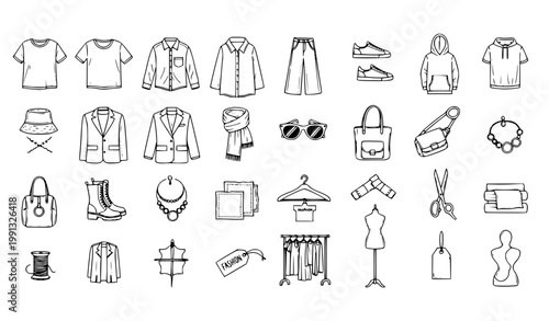 Pen drawing genderless fashion icon set with unisex clothing accessories and minimalist apparel vector collection