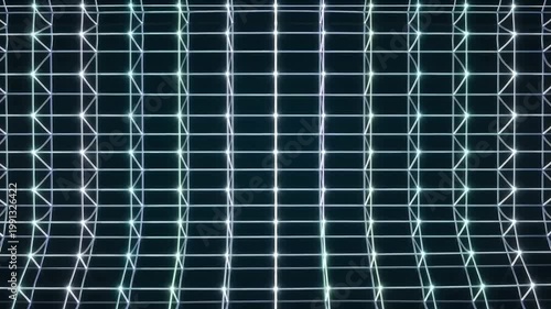A futuristic grid pattern with neon lines forms a cyberpunk-style technology wallpaper on a dark background