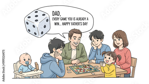 Family Game Night: A heartwarming family scene unfolds as they gather around a board game, fostering connection and joy. A speech bubble adds a touching Father's Day sentiment. 