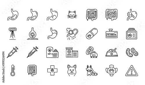 Pet digestion disease line icons set with dog cat stomach health and veterinary care vector