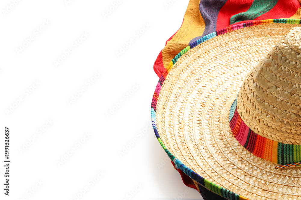 Fototapeta premium Colorful sombrero on vibrant celebratory fabric, isolated, PNG