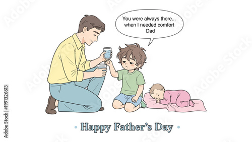 A Father's Unconditional Love: An illustration capturing a father's tender care, sharing a comforting moment with his children during the special Father's Day. 