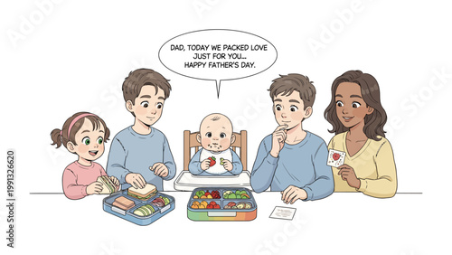 Family Love: A heartwarming scene unfolds as a diverse family, including parents and children, prepares a lunchbox filled with love for Father's Day. It's a celebration of togetherness. 