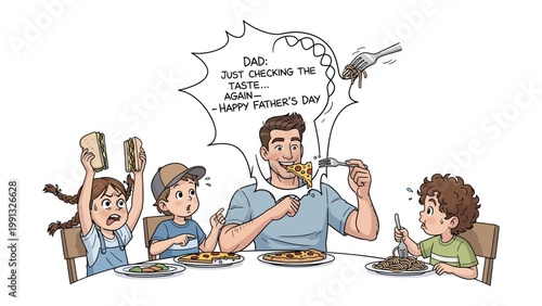 Father's Day Feast: A heart warming illustration captures a father's playful moment, relishing the flavors of the feast, surrounded by his joyful children in a celebration of the special day. 