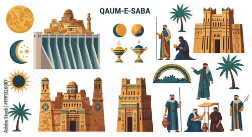 Buildings and ancient characters illustrate historical tales of the past.